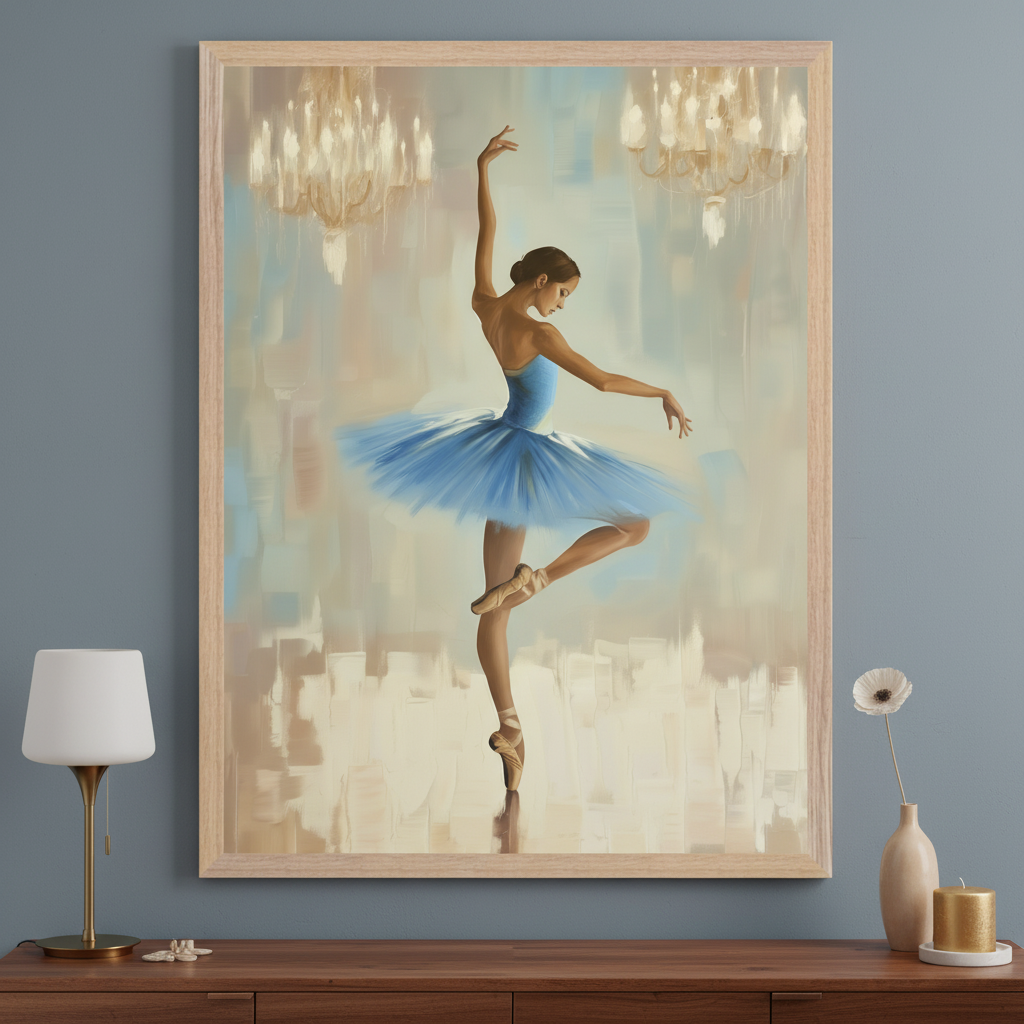 Modern room with a dark wood credenza. A large light wood framed impressionistic painting of a ballerina in a blue tutu, dancing en pointe under chandeliers, hangs above the credenza. A lamp, flower, and candle are on the credenza.