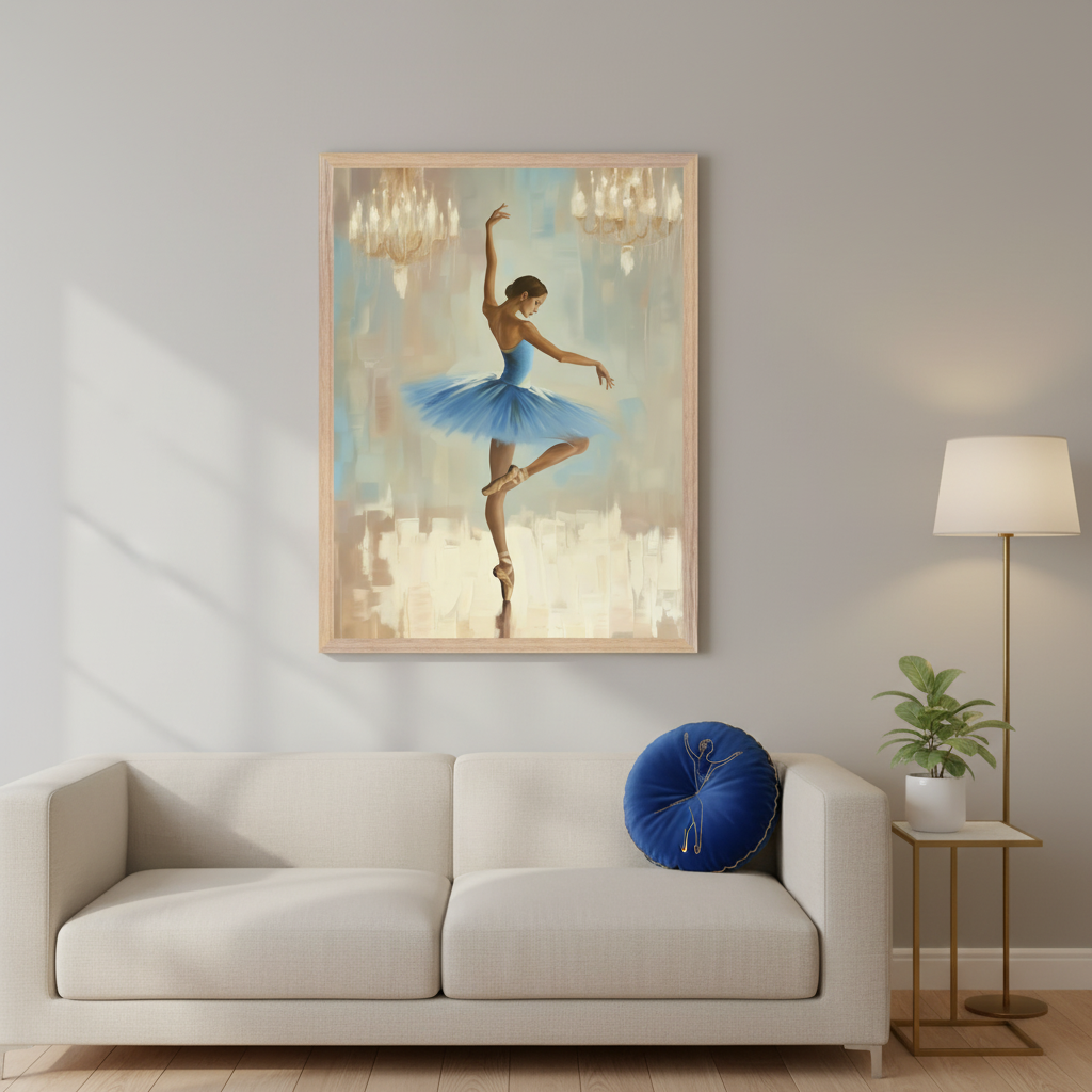 Modern living room with a beige sofa. A large framed painting of a ballerina in a blue tutu en pointe, with an abstract background and chandeliers, hangs above the sofa. A gold floor lamp and side table are on the right.