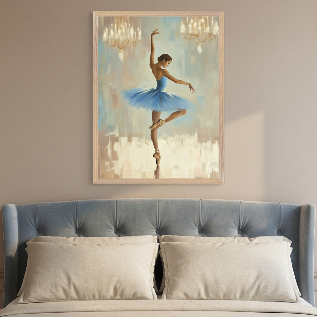 Bedroom with a light blue tufted headboard and cream pillows. A framed painting of a ballerina in a blue tutu dancing en pointe, with chandeliers and abstract brushstrokes in the background, hangs above the bed. The artwork is in a painterly style with a light wood frame.