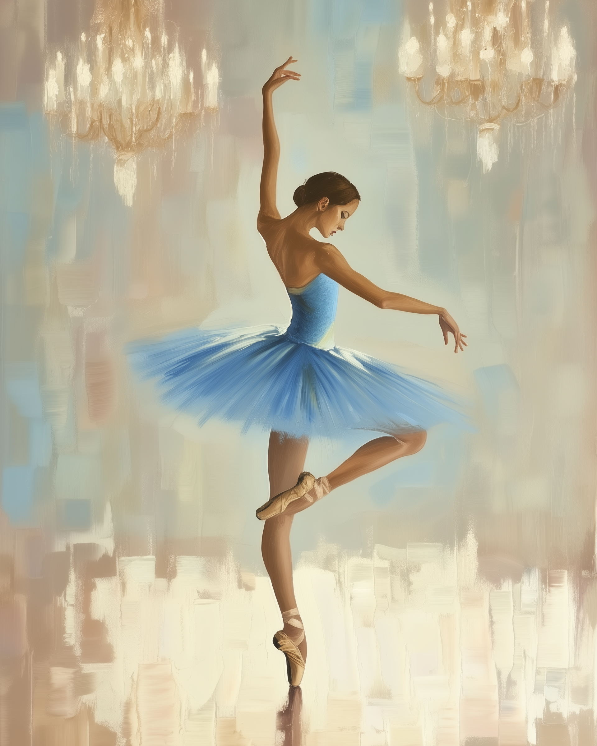 Graceful ballerina in a blue tutu balanced en pointe with one leg raised and arms curved, surrounded by chandeliers in a softly lit room. The background is a dreamy blend of pastels with subtle reflections on the floor.
