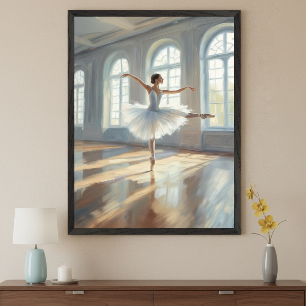 Living room with a dark wooden dresser. A large, black-framed painting of a ballerina in a white tutu dancing in a light-filled room with arched windows hangs above the dresser. A blue lamp, candle, and yellow flowers are on the dresser.