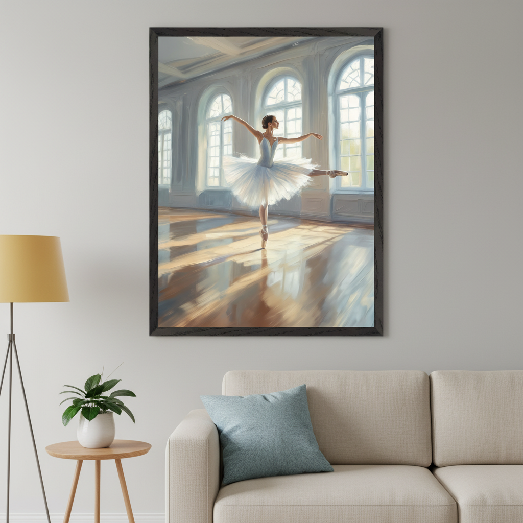 Living room with a beige sofa, side table, and floor lamp. A large framed painting of a ballerina dancing en pointe in a bright, sunlit studio with arched windows hangs on the wall above the sofa. The painting is in a painterly style.