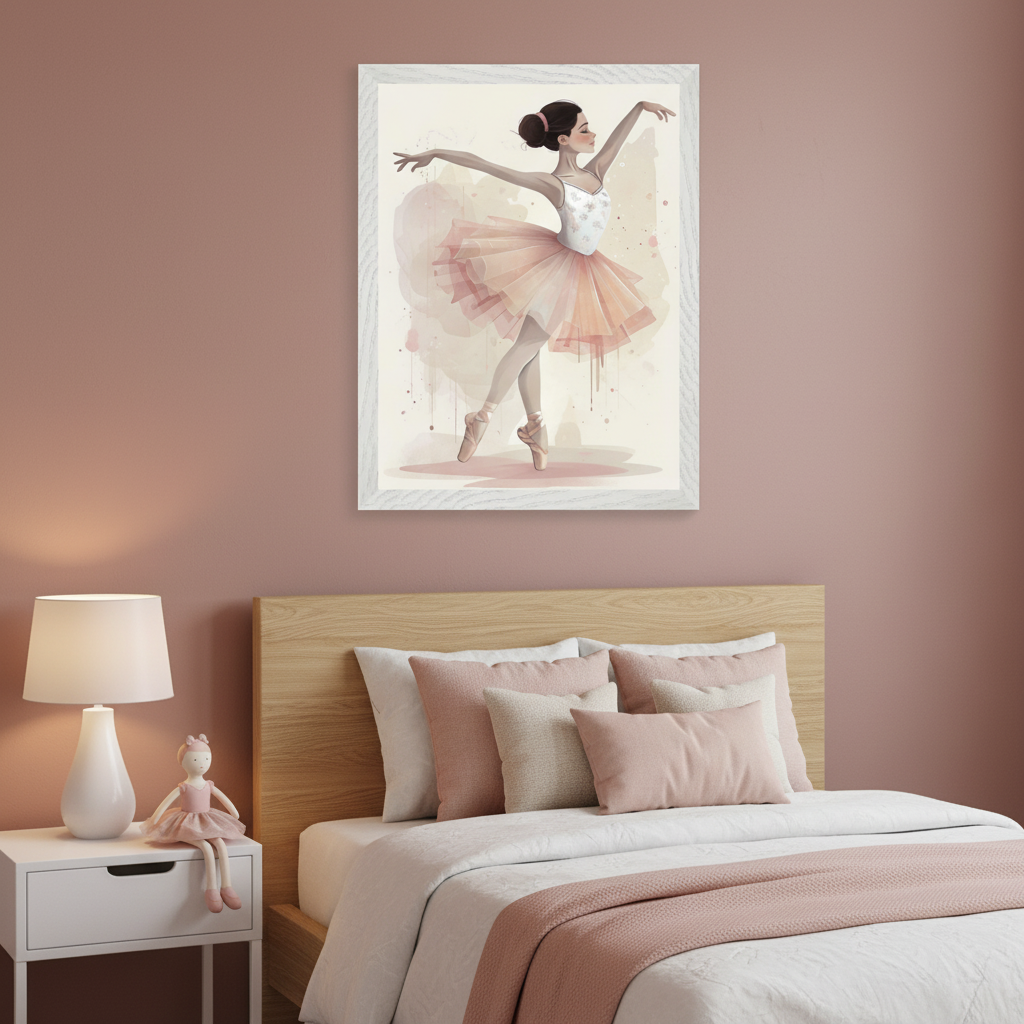 Kid's bedroom with a wooden bed, white duvet, and pink throw. A white nightstand with a lamp and ballerina doll sits to the left. A framed watercolor painting of a ballerina dancing en pointe in a pink tutu hangs centered above the bed.
