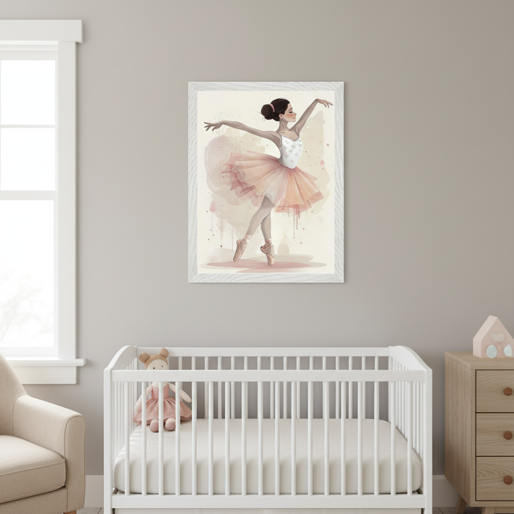 Neutral nursery with a white crib and light wood dresser. A framed watercolor print of a ballerina in a pink tutu hangs on the gray wall above the crib.