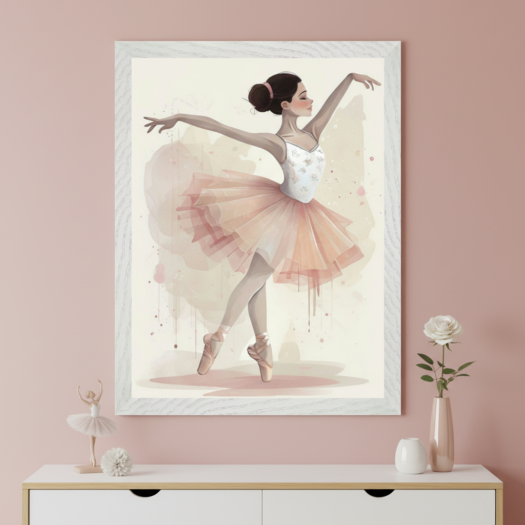 Modern room with a pink wall and a white two-drawer dresser. A large framed watercolor-style print of a ballerina in a pink tutu on pointe hangs centered above the dresser. On the dresser are a small ballerina figurine, a white spiky sphere, a white vase, and a pink vase with a white rose.