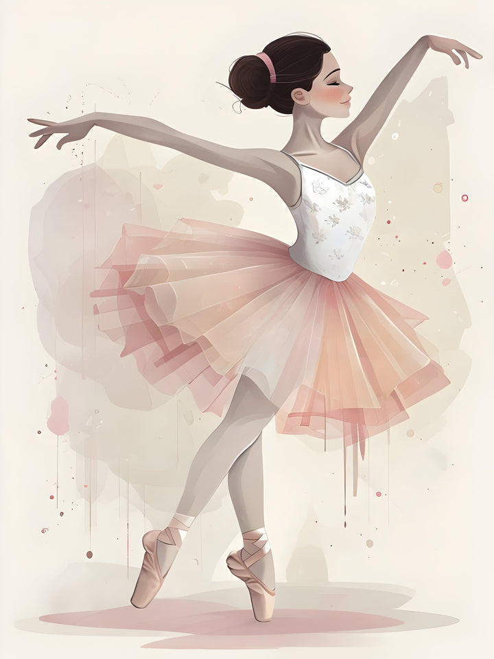 A graceful ballerina is captured mid-pose, wearing a delicate pink tutu and pointe shoes. Her hair is neatly tied back with a pink headband, and her arms are elegantly extended. The soft background features abstract pastel splashes, complementing her poised stance.