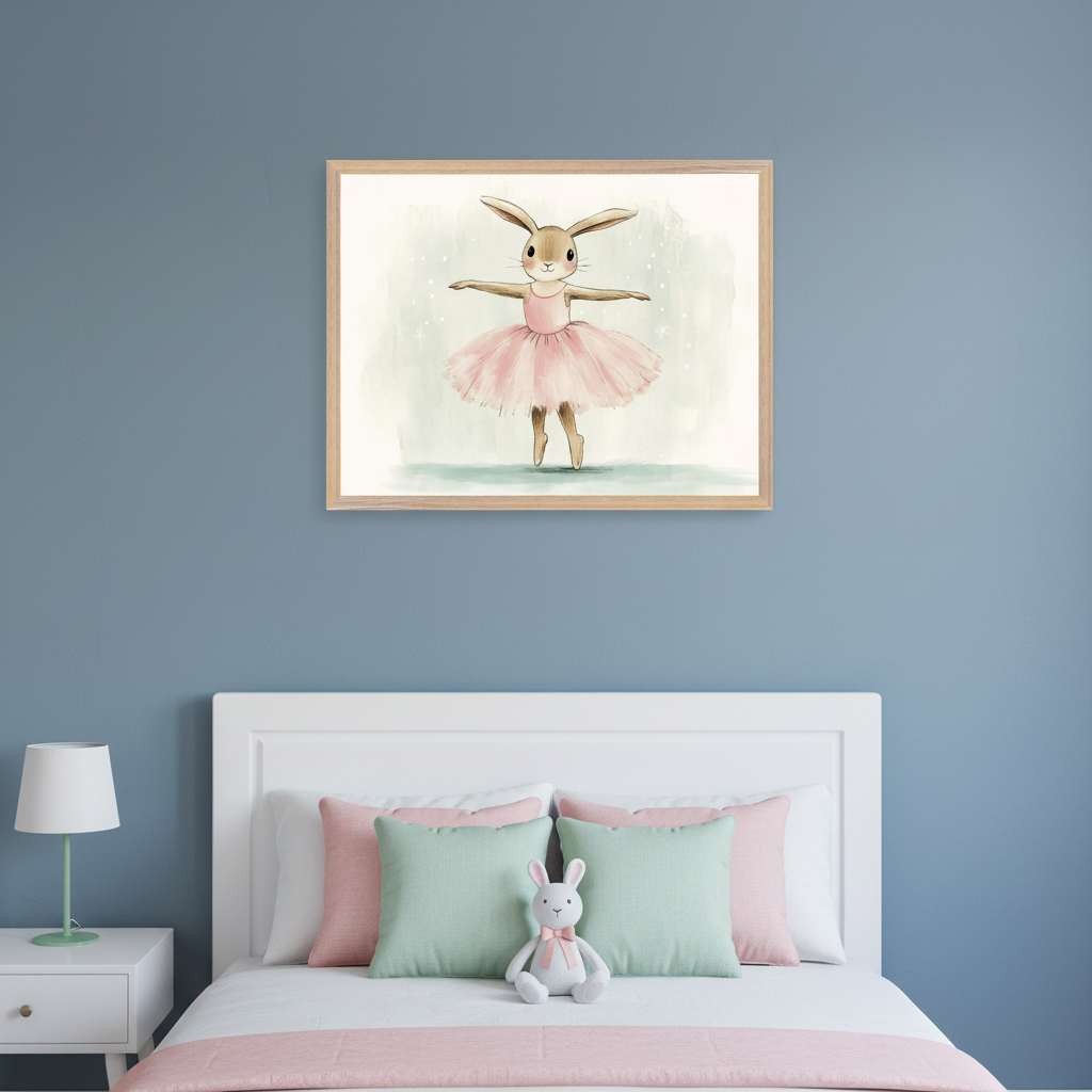 Kid's bedroom with a blue wall. A framed watercolor painting of a bunny ballerina in a pink tutu hangs above a white headboard bed with pink and mint pillows. A white nightstand and lamp are on the left.