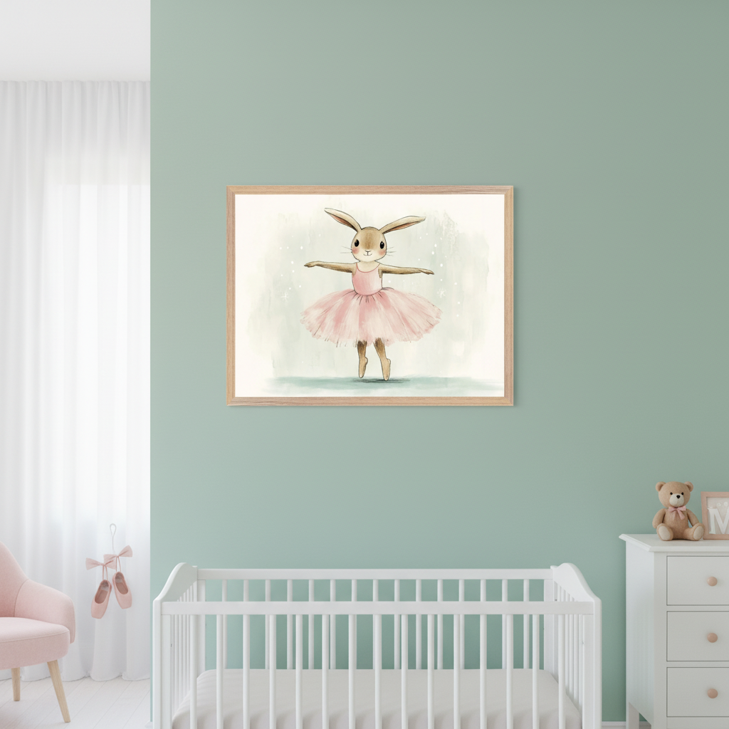 Modern nursery with a light green wall. A white crib is in front, flanked by a pink armchair and a white dresser. A framed watercolor print of a brown bunny in a pink ballet tutu, on pointe with arms outstretched, hangs centrally above the crib.