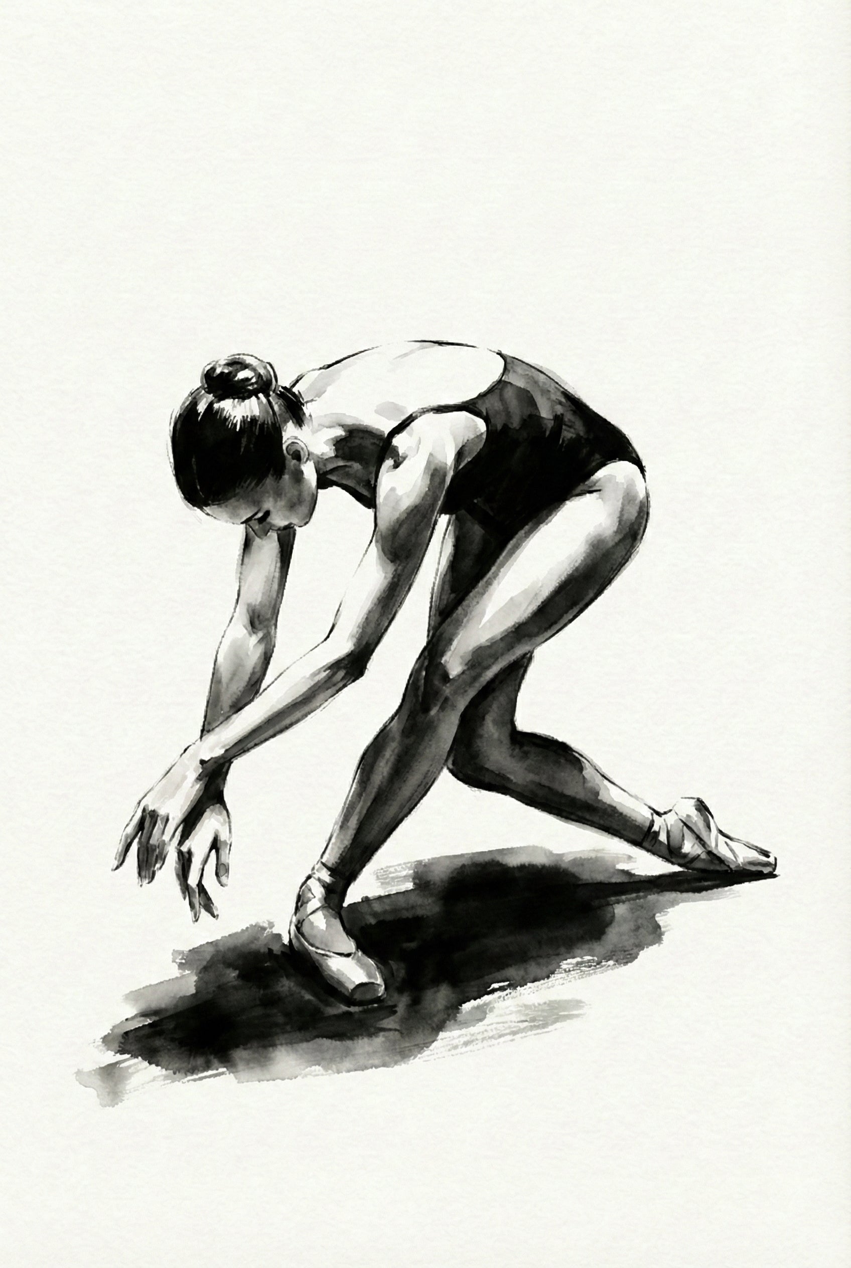 Black and white watercolor painting of a ballerina in a low forward stretch. She bends deeply with one leg extended behind her, arms reaching toward the floor, casting a soft shadow beneath her.
