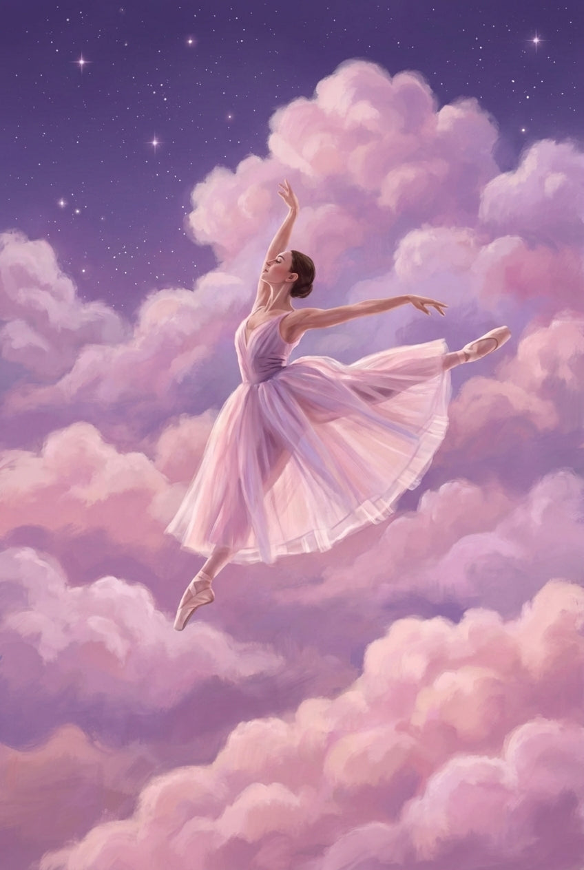 Soft pastel painting of a ballerina in a light pink tutu posed mid leap against a sky filled with fluffy rose colored clouds and faint stars. Her arms extend gracefully and her pointed toes emphasize movement. The scene feels weightless and ethereal.
