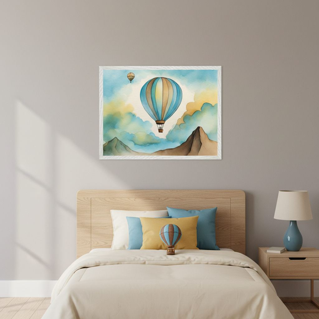 Contemporary bedroom with a wooden bed and neutral bedding. A large framed watercolor painting of hot air balloons over mountains and clouds hangs above the headboard. A wooden nightstand with a blue lamp is to the right.