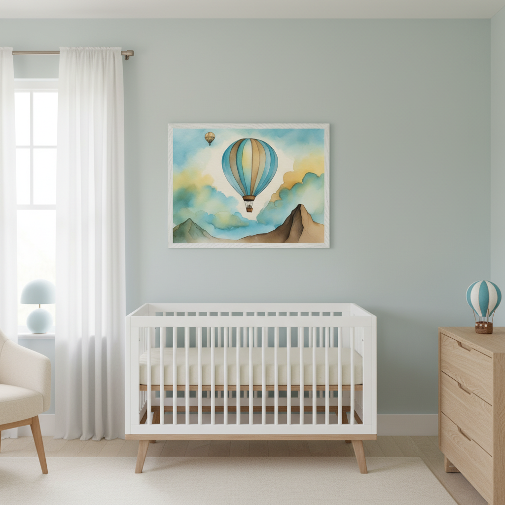 Modern nursery with a light blue-green wall. A white crib is centered below a large framed watercolor print showing hot air balloons over mountains. A light wood dresser stands to the right.