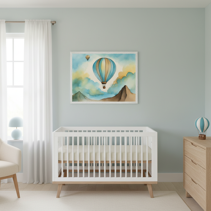 Modern nursery with a light blue-green wall. A white crib is centered below a large framed watercolor print showing hot air balloons over mountains. A light wood dresser stands to the right.