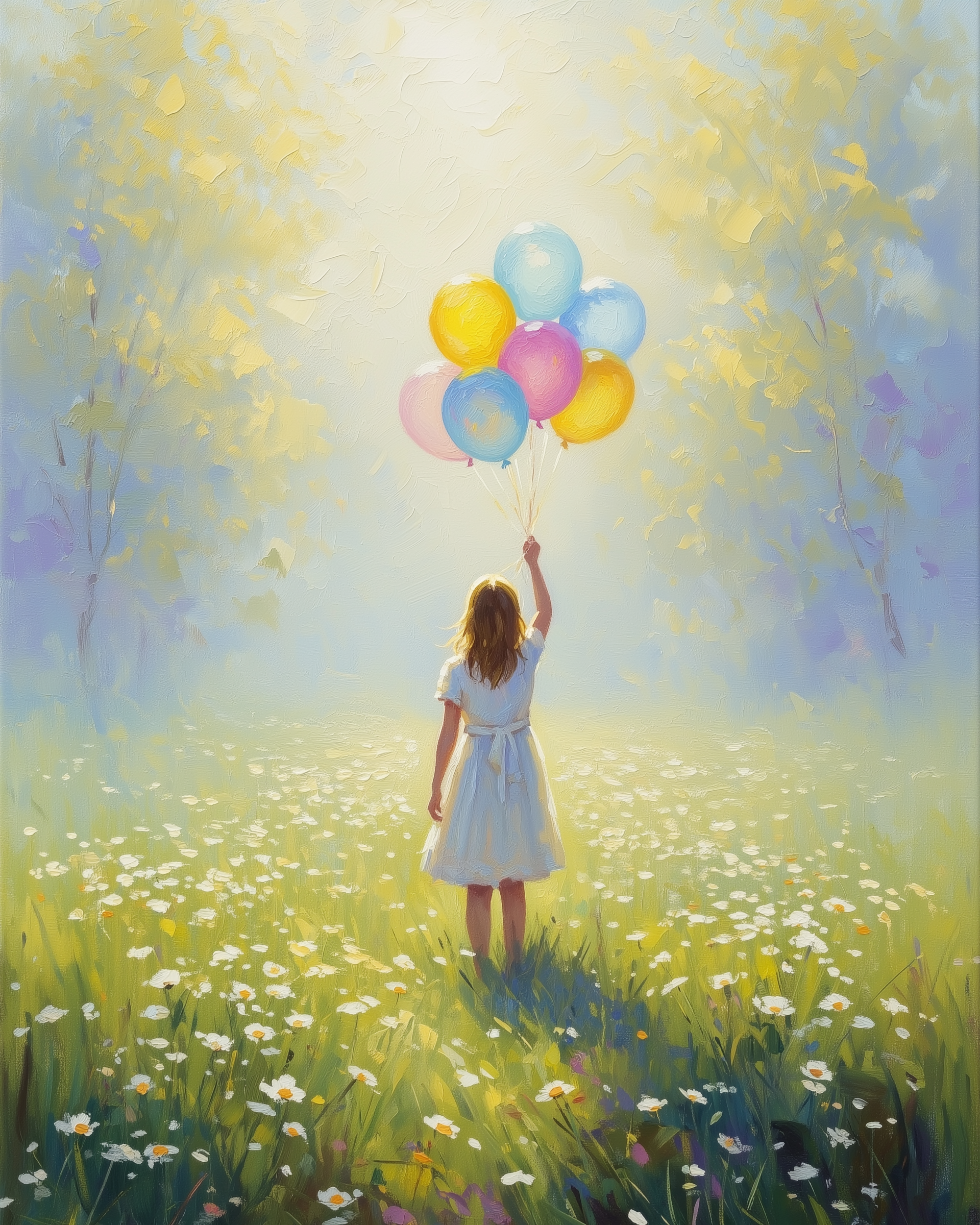 Girl Holding Balloons in Flowerfield Wall Art for Nursery, Playroom or Kids Bedrooms - Light and Dreamy Decor - Sunlit Meadow Wishes