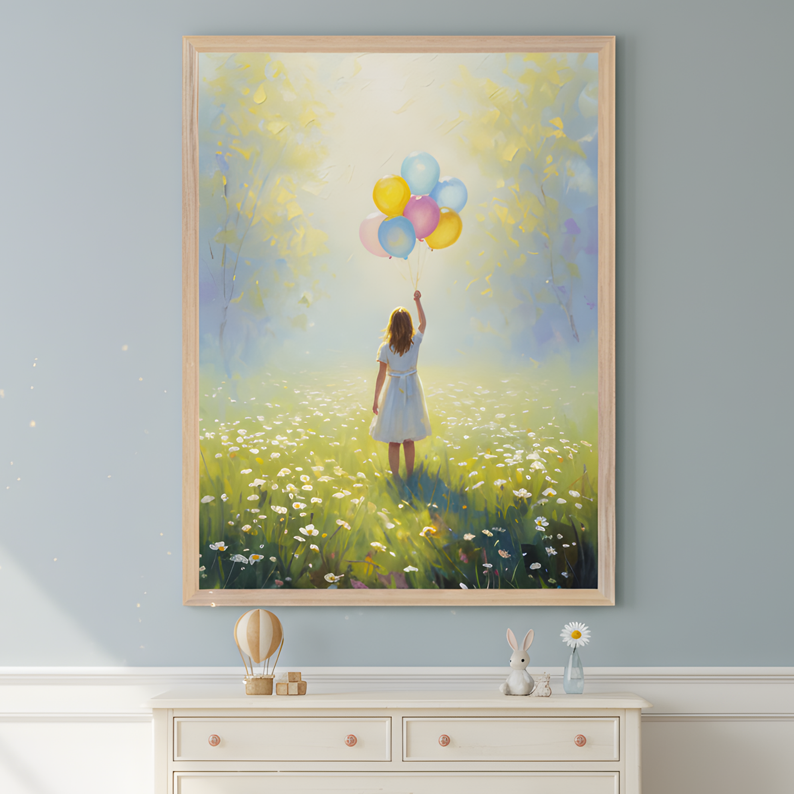 A framed painting of a young girl in a white dress holding colorful balloons stands in a sunlit meadow filled with white wildflowers. The dreamy, soft-focus background glows with warm yellow and blue tones, creating a whimsical and serene atmosphere.