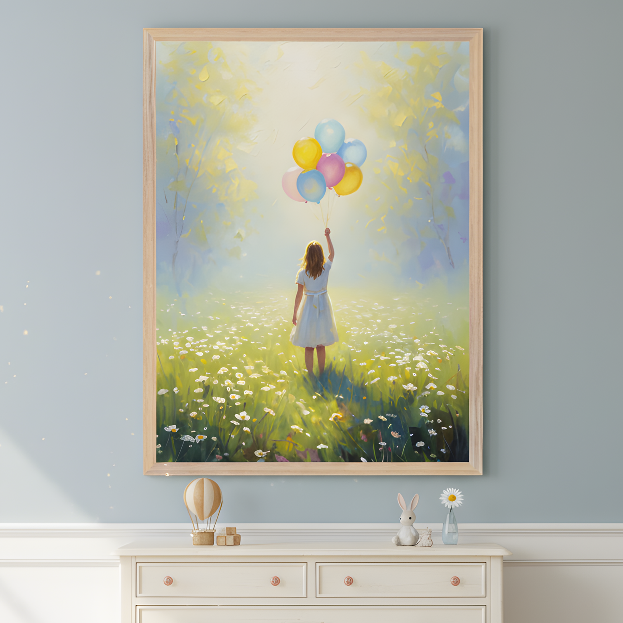 Girl Holding Balloons in Flowerfield Wall Art for Nursery, Playroom or Kids Bedrooms - Light and Dreamy Decor - Sunlit Meadow Wishes
