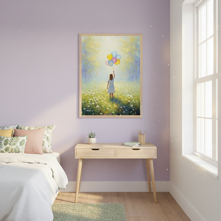 Pastel-themed nursery with light pink walls features a white crib, a wooden dresser, and a small yellow armchair with a plush bunny. Above the crib hangs a dreamy painting of a girl in a white dress holding colorful balloons in a glowing meadow, adding warmth and whimsy to the serene space.