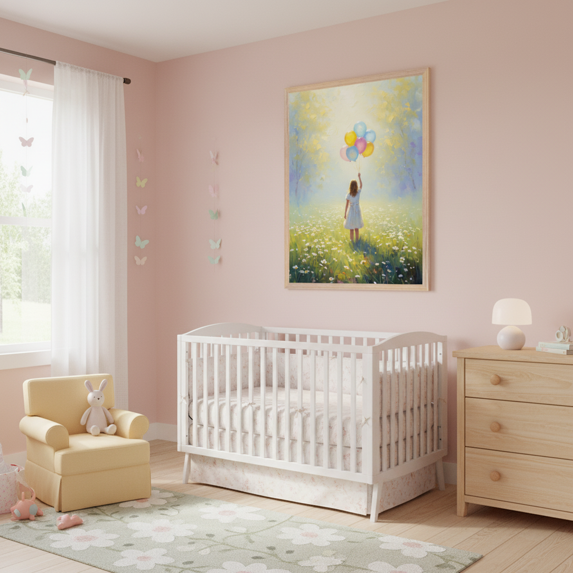 Soft pink nursery features a white crib, a wooden dresser, and a yellow armchair with a plush bunny toy. Above the crib hangs a framed painting of a girl holding colorful balloons in a sun-drenched meadow, adding a dreamy and whimsical touch to the peaceful space.