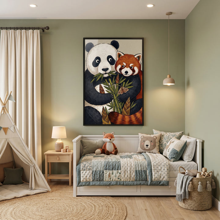 Bamboo eating giant panda animals wall art above a white daybed in a sage green room with a fox plush and a play teepee.
