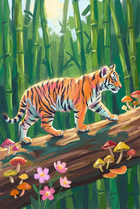 A tiger walks carefully along a fallen log surrounded by tall green bamboo and small mushrooms. Pink flowers grow near the log while the tiger looks ahead mid-step. The scene feels calm yet alert in a forest setting.
