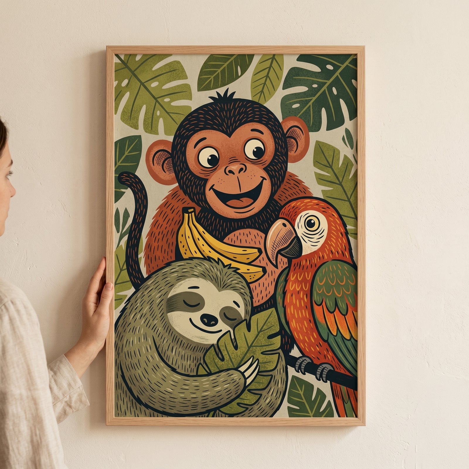 Banana holding brown monkey animals wall art features a smiling primate, parrot, and sloth among green jungle leaves.