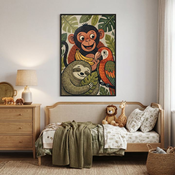 Nursery with banana holding brown monkey animals wall art above a wooden bed with stuffed lion and giraffe toys.