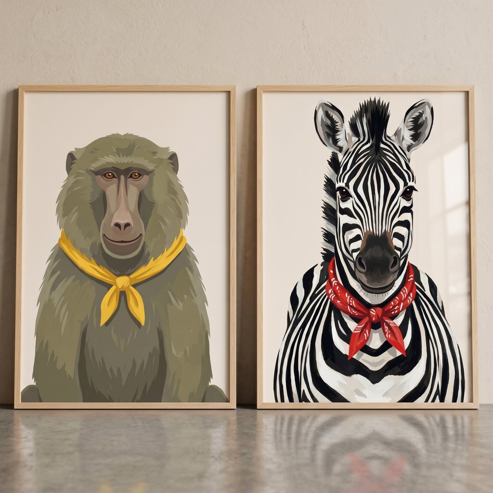 Bandana wearing safari animal artwork set of 2 featuring a baboon in a yellow bandana and a zebra in a red bandana.