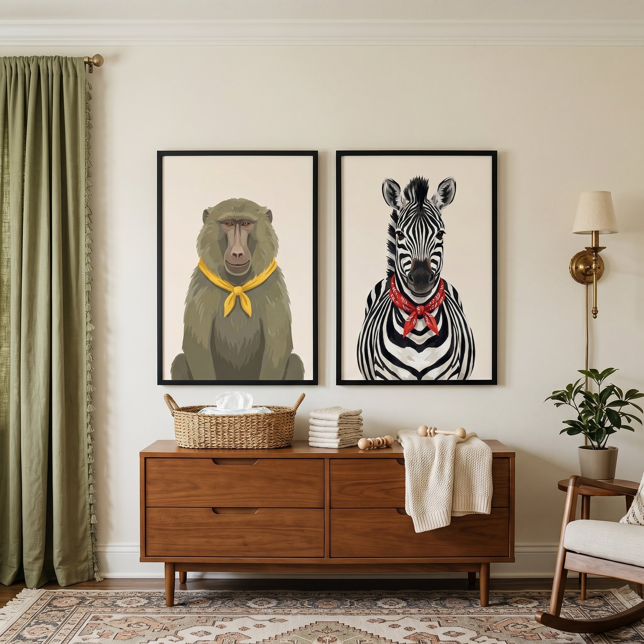 Bandana Wearing Safari Animal Artwork Set of 2 - Fashionable Wildlife Duo