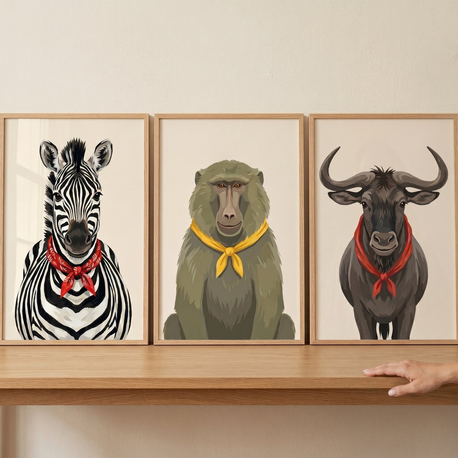 Bandana wearing savanna animals wall art set of 3 with a zebra, baboon, and wildebeest in wood frames on a shelf.