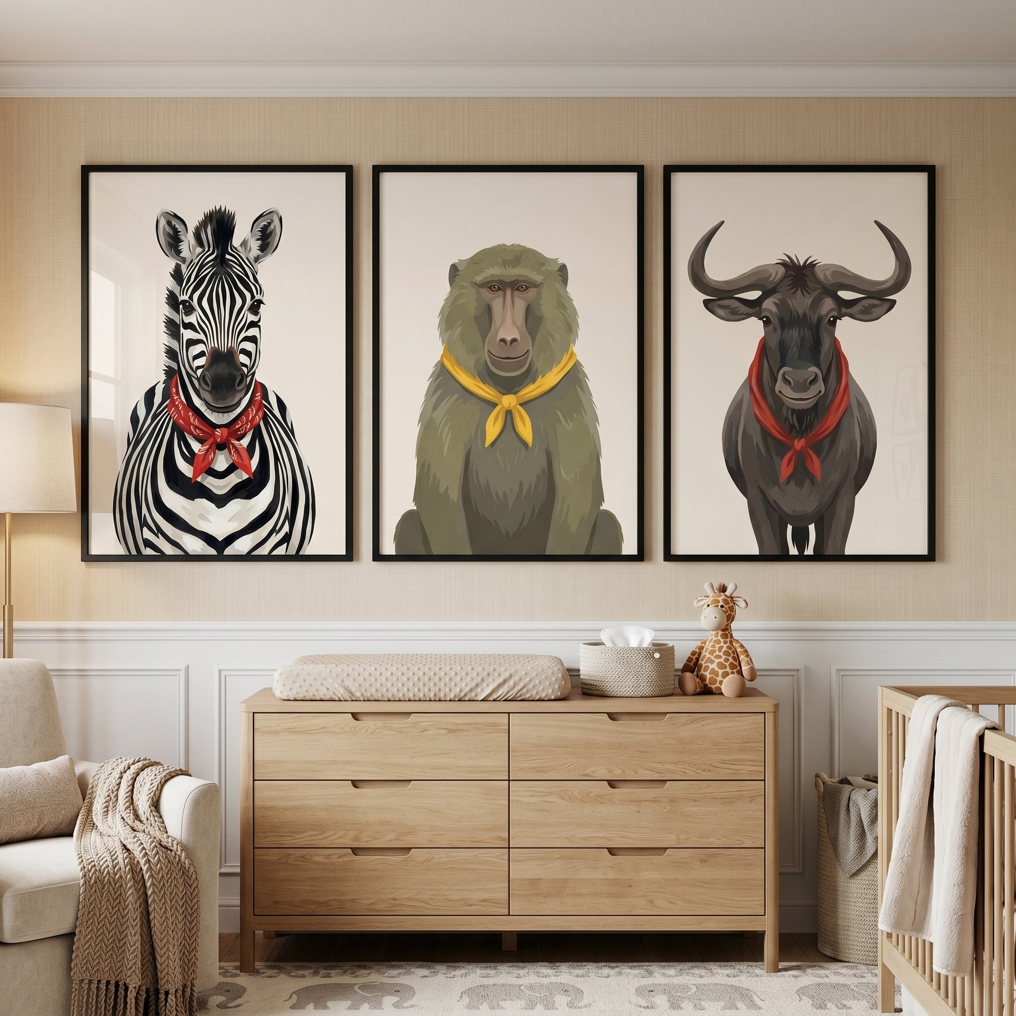 Bandana Wearing Savanna Animals Wall Art Set of 3 - Wild Bandana Trio