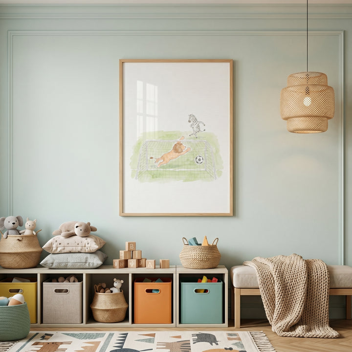 Framed wall art of a lion and zebra playing soccer hangs in a light blue room with toy storage and a woven lamp.