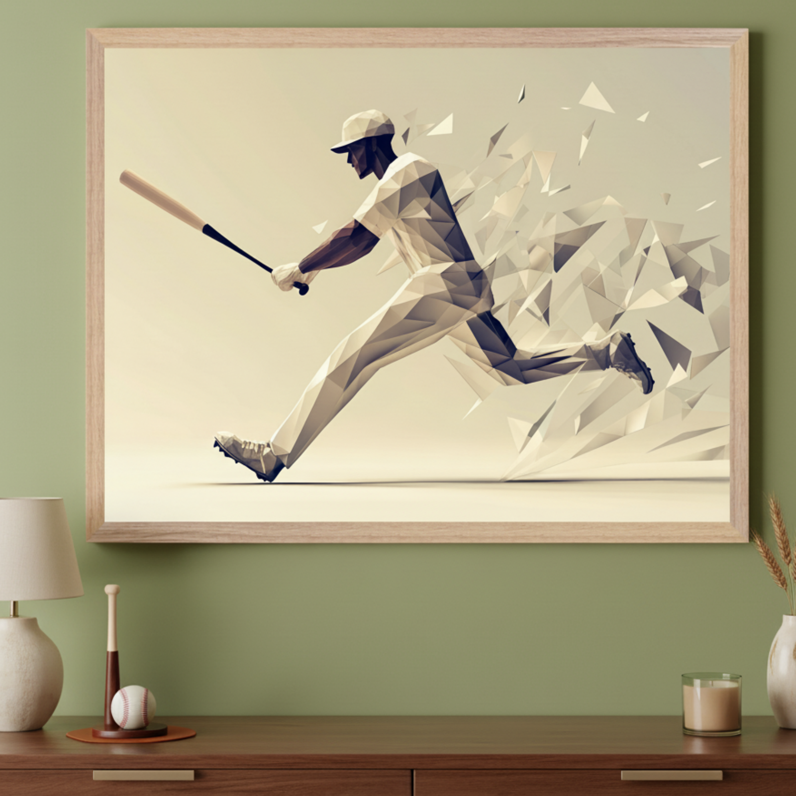 Modern room with a dark wood dresser. A large framed print of a polygonal baseball player in motion with a bat, dissolving into geometric fragments, hangs above the dresser. A lamp, miniature bat, baseball, candle, and vase are on the dresser.