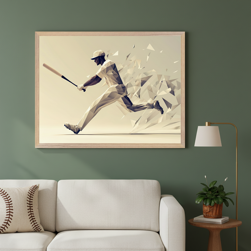 Living room with a white sectional sofa. A large wooden-framed low-poly artwork of a running baseball player dissolving into geometric shards hangs above the sofa. A floor lamp and a plant on a side table are to the right.