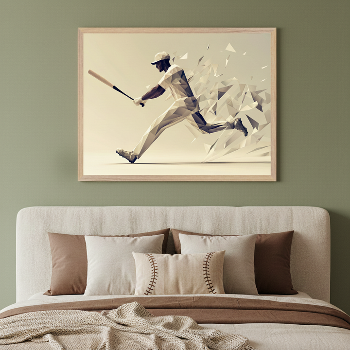Modern bedroom with an upholstered bed and baseball-stitched pillows against an olive-green wall. A framed artwork showing a low-poly baseball player breaking into fragments hangs above the bed.