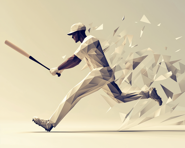 A digital illustration of a baseball player mid-swing, rendered in angular geometric shapes that break apart to emphasize power and movement.

