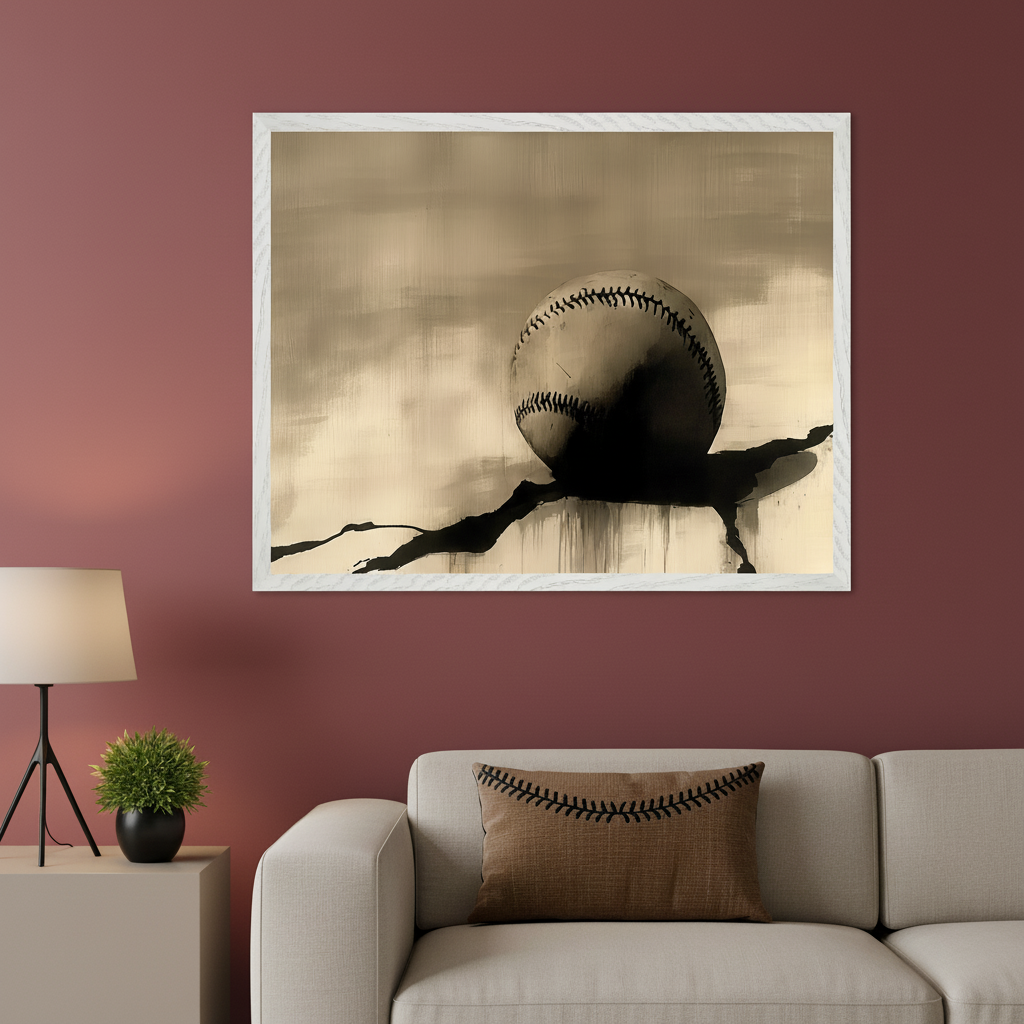 Modern living room with a beige sofa, baseball-stitched pillow, and a light grey end table. A large framed abstract artwork of a baseball in sepia tones hangs centered above the sofa.