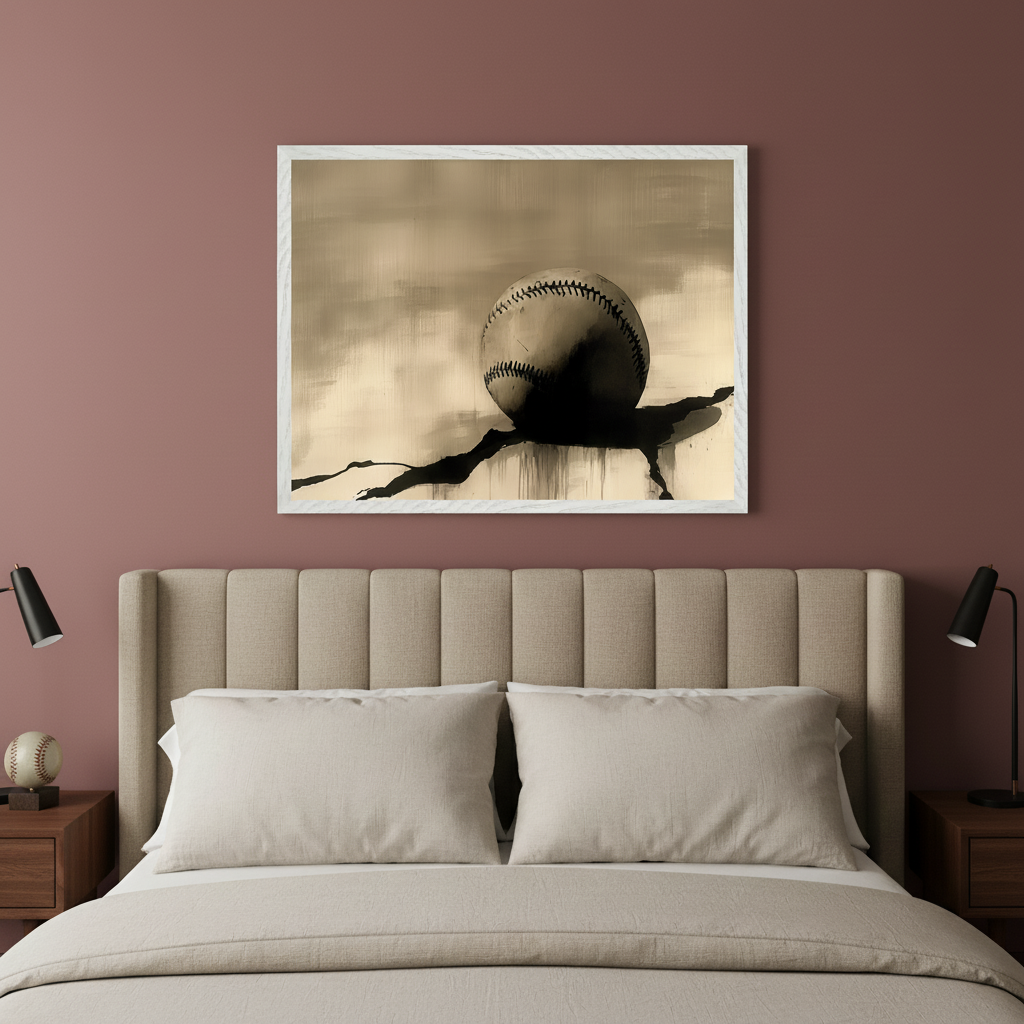Modern bedroom with a beige upholstered bed and headboard. A large framed abstract painting of a sepia-toned baseball with dark, dripping paint strokes hangs centered above the bed. Wooden nightstands with black lamps are on either side.