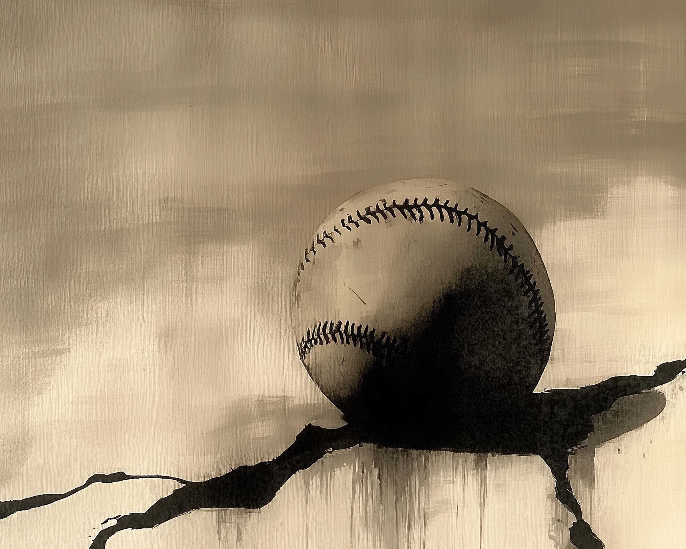A sepia-toned painting of a baseball resting on cracked ground, blending vintage tones and dramatic shadows for a nostalgic sports feel.
