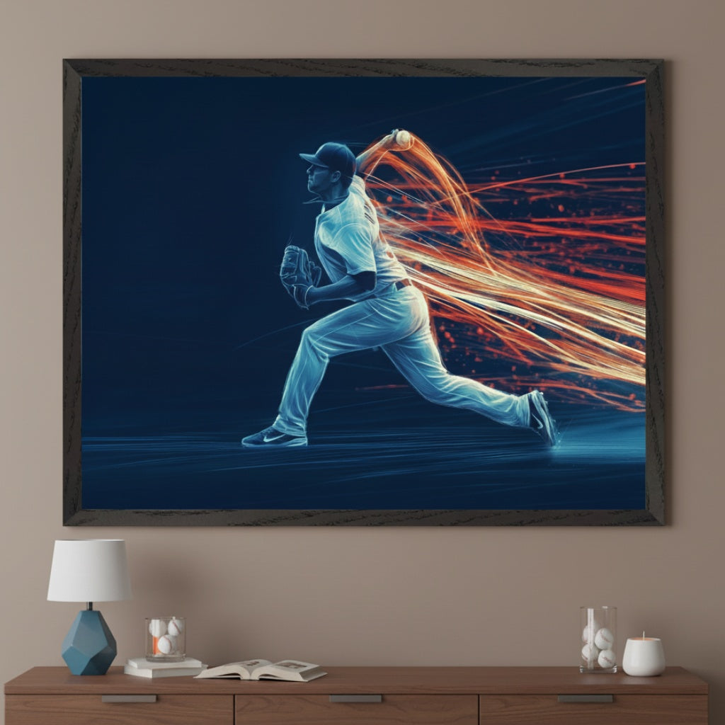 Modern room with a wooden credenza. A large framed digital illustration of a stylized baseball pitcher throwing a ball with glowing orange light streaks hangs centered above the credenza.
