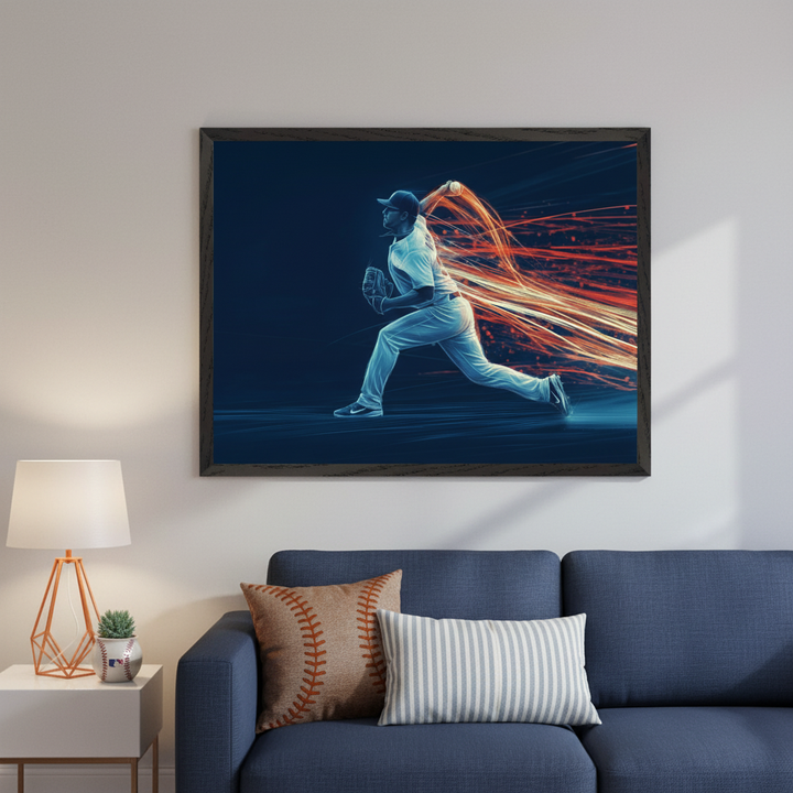 Living room with a blue sofa and a white side table with a lamp. A large framed print of a stylized baseball pitcher mid-throw, with glowing red and orange light streaks, hangs above the sofa and partially over the side table.
