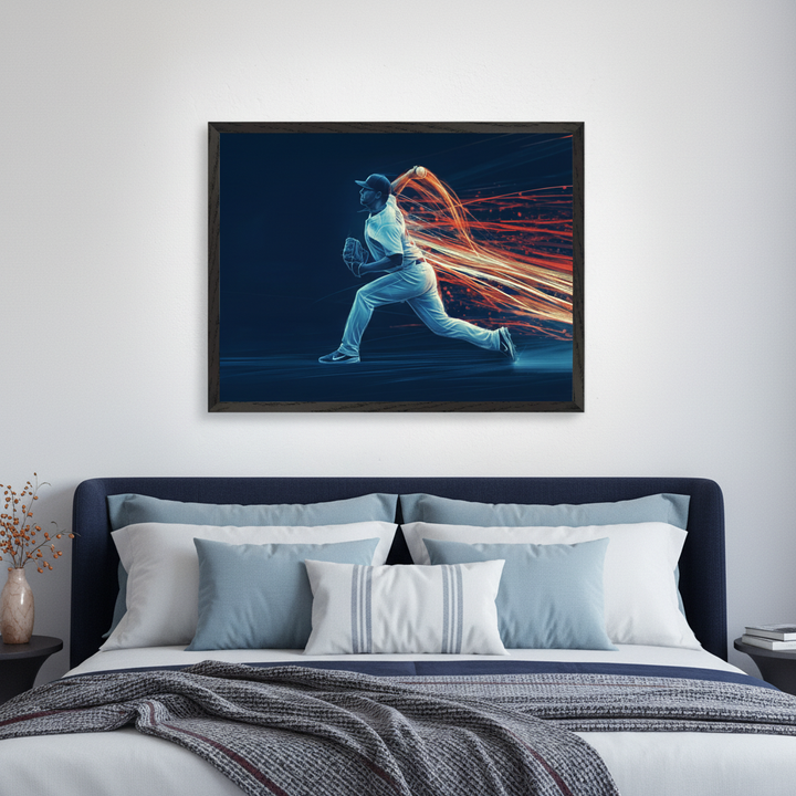 Modern bedroom with a dark blue bed, white and blue pillows. A large framed print of a baseball pitcher throwing a ball with dynamic orange and red light trails against a dark blue background hangs centered above the bed.