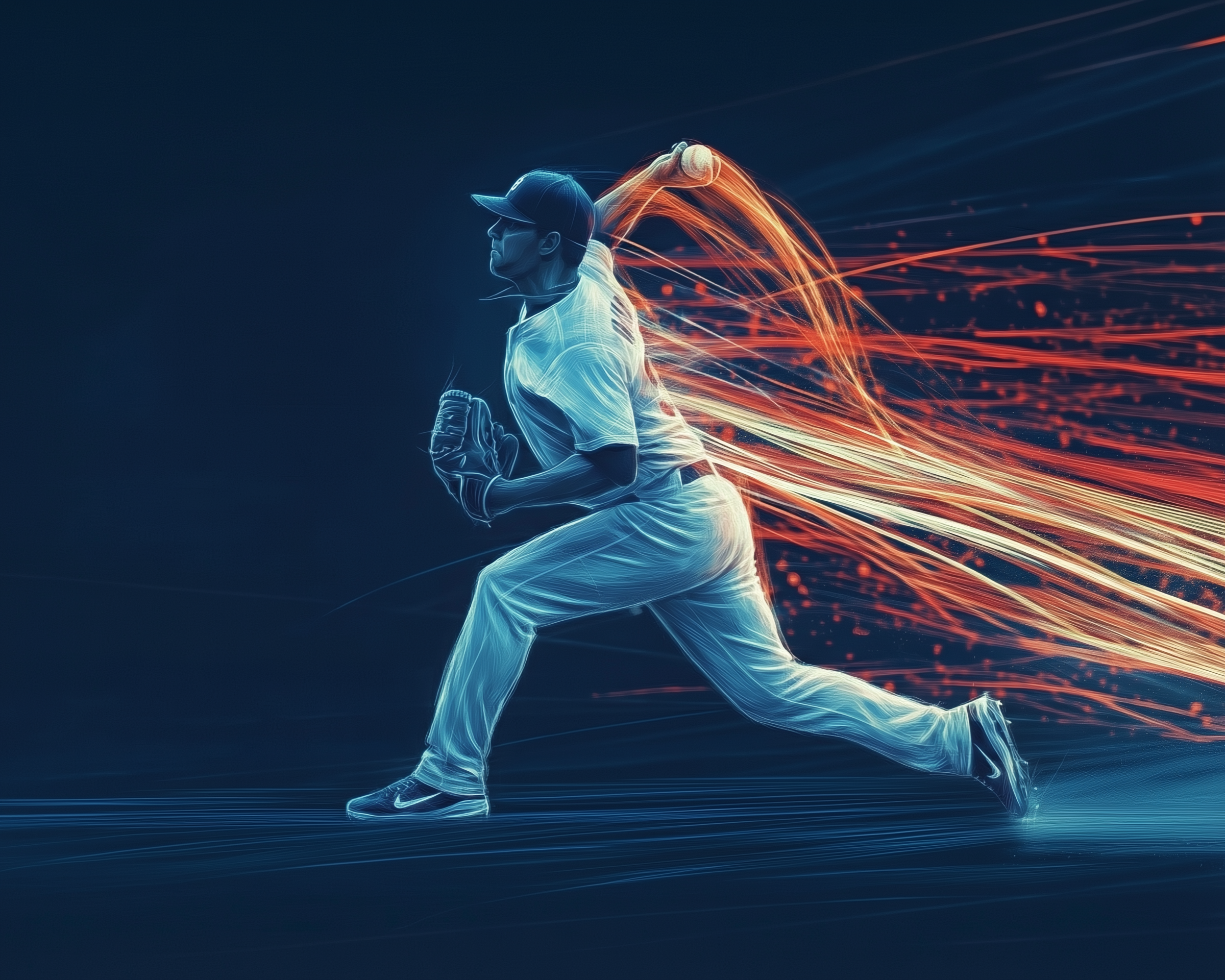 A digital illustration of a baseball player mid-pitch, with glowing red and blue motion trails showing the ball’s speed and energy.
