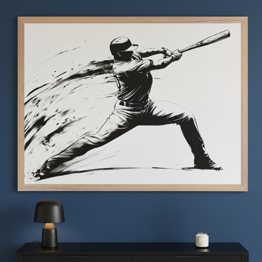 Modern room with a black credenza against a dark blue wall. A large light wood framed black and white ink illustration of a baseball player mid-swing with motion streaks hangs centered above the credenza. A black table lamp and a white candle are on the credenza.