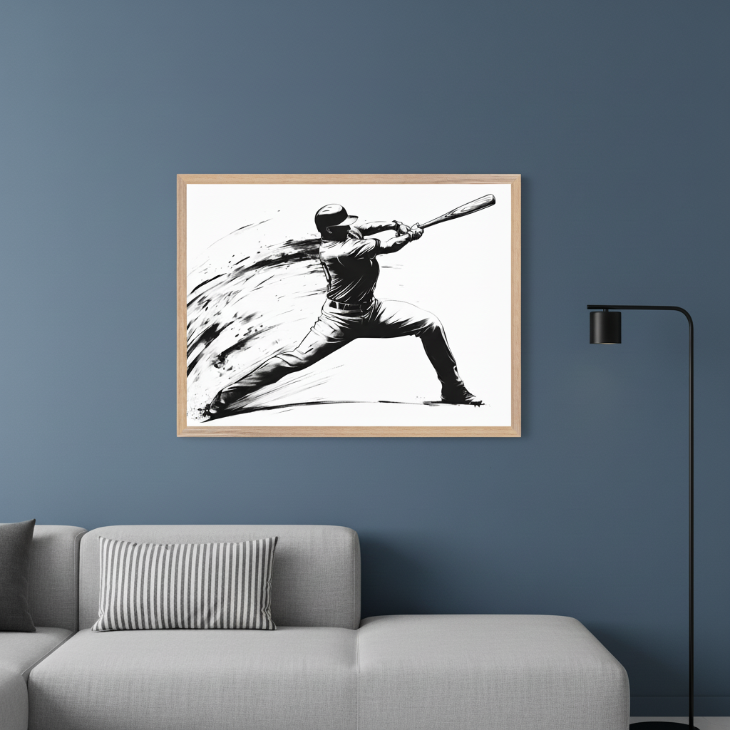 Modern living room with a light gray sectional sofa and a black floor lamp. A large framed print of a black and white baseball player swinging a bat, with dynamic brushstrokes in the background, hangs above the left side of the sofa.