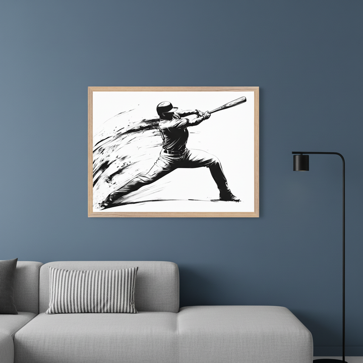 Modern living room with a light gray sectional sofa and a black floor lamp. A large framed print of a black and white baseball player swinging a bat, with dynamic brushstrokes in the background, hangs above the left side of the sofa.