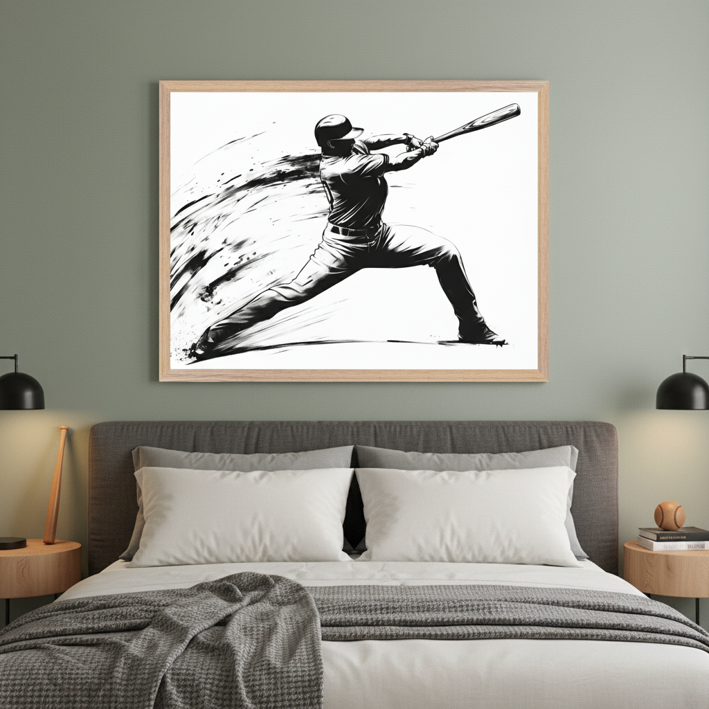 Modern bedroom with a gray upholstered bed. A large framed black and white illustration of a baseball player swinging a bat with dynamic motion hangs centered above the bed.
