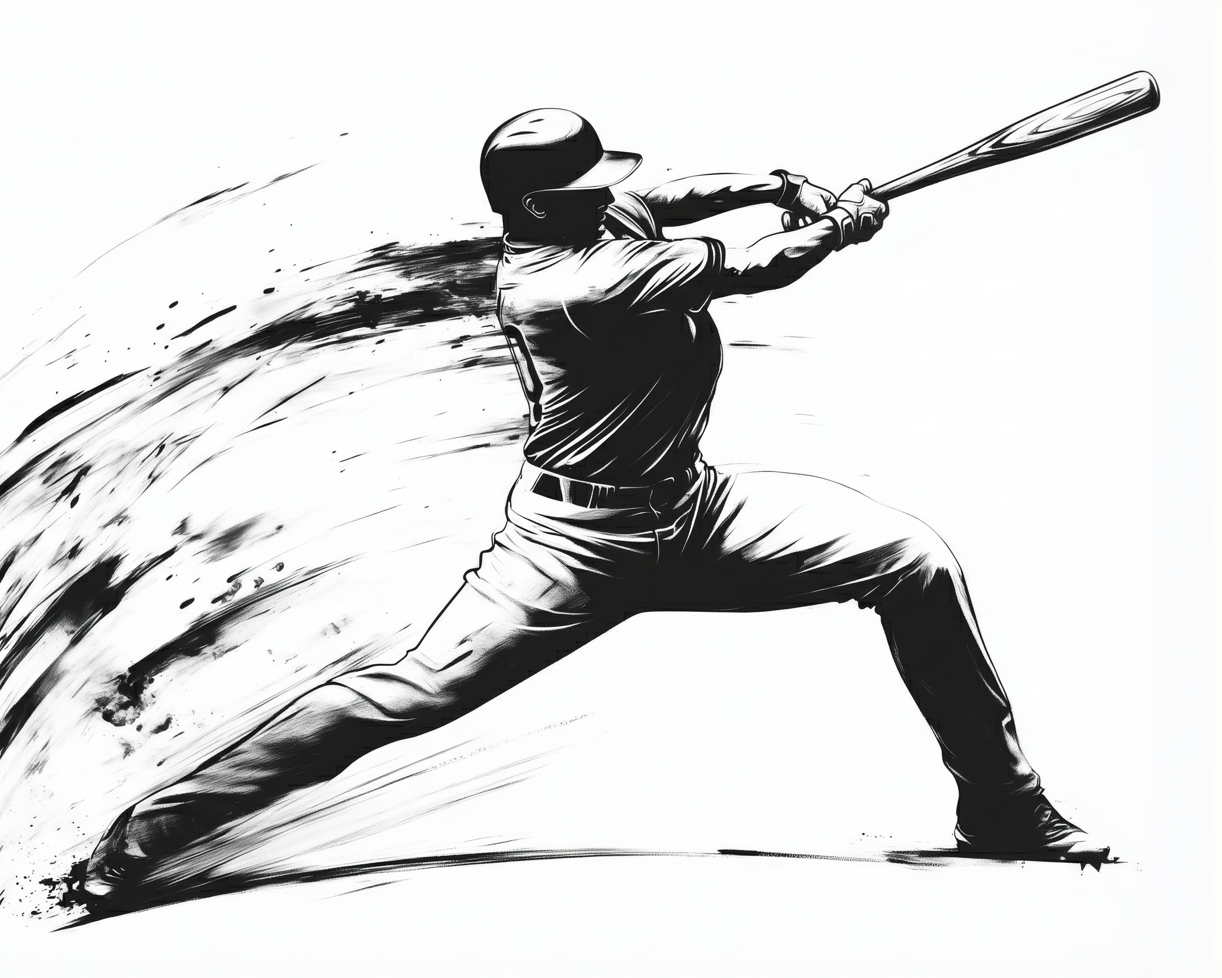 Illustrated black and white image of a baseball player mid-swing, with dynamic ink-style motion lines behind him. The energetic pose captures the intensity of hitting a baseball during gameplay.