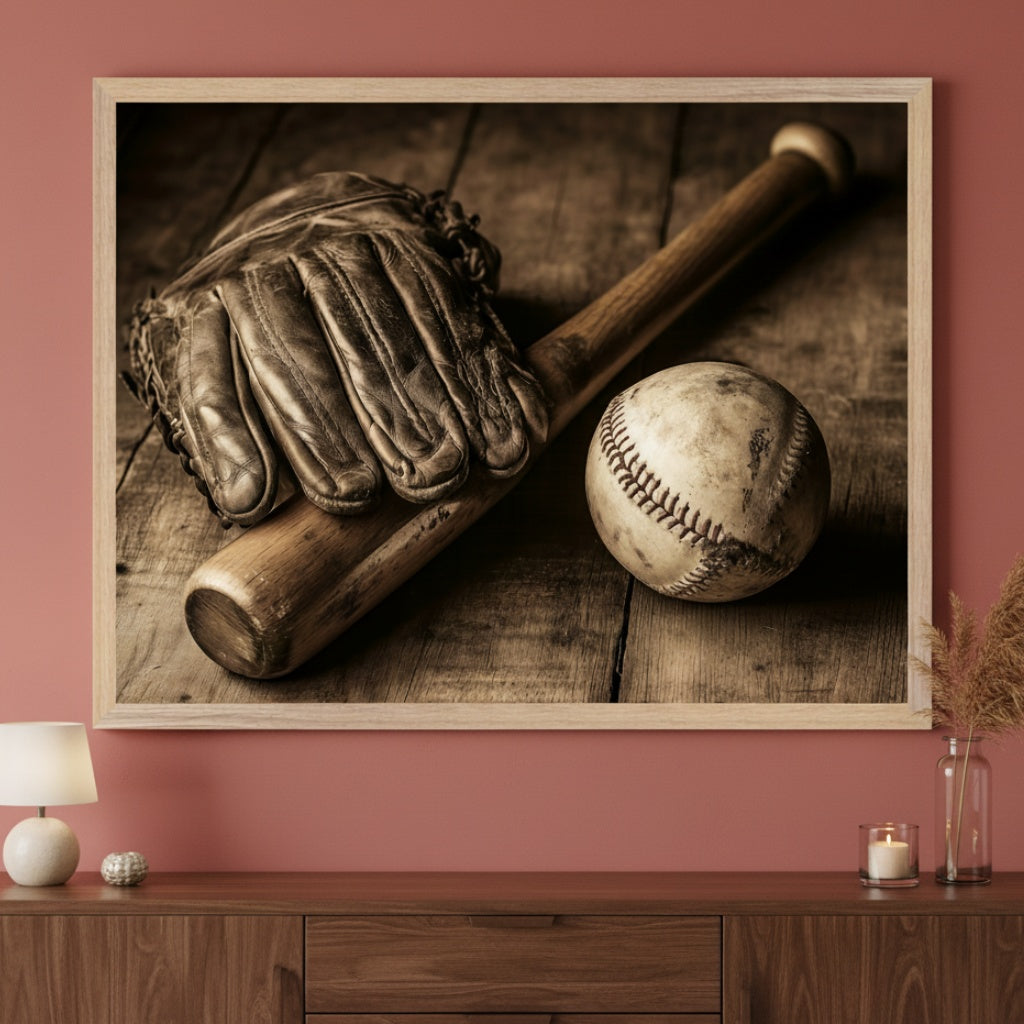 Modern living room with a long wooden credenza against a terracotta wall. A large, light-framed print of a vintage baseball glove, bat, and ball on wood, in sepia tone, hangs centered above the credenza.