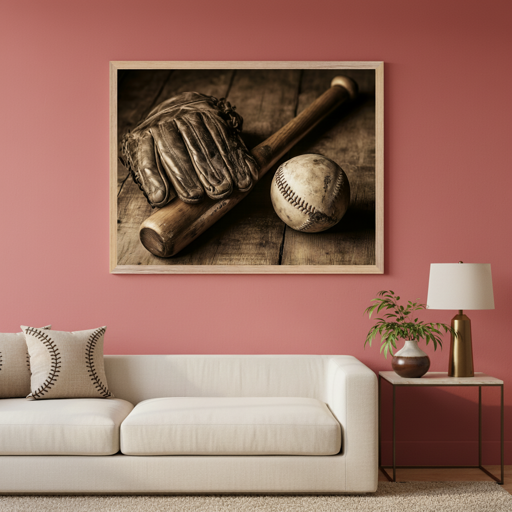 Modern living room with a white sofa. A large framed vintage print of a baseball glove, bat, and ball on a wooden surface hangs centered above the sofa.