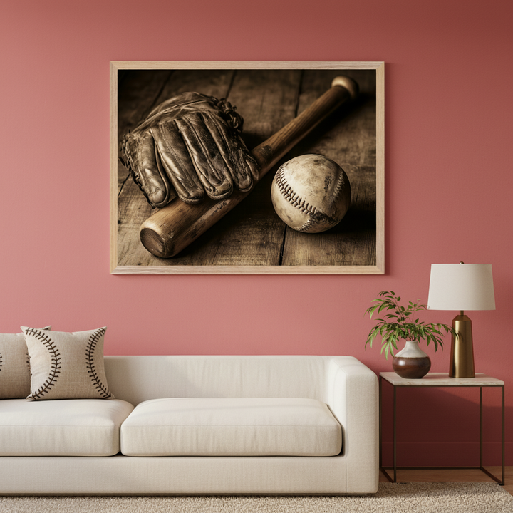 Modern living room with a white sofa. A large framed vintage print of a baseball glove, bat, and ball on a wooden surface hangs centered above the sofa.